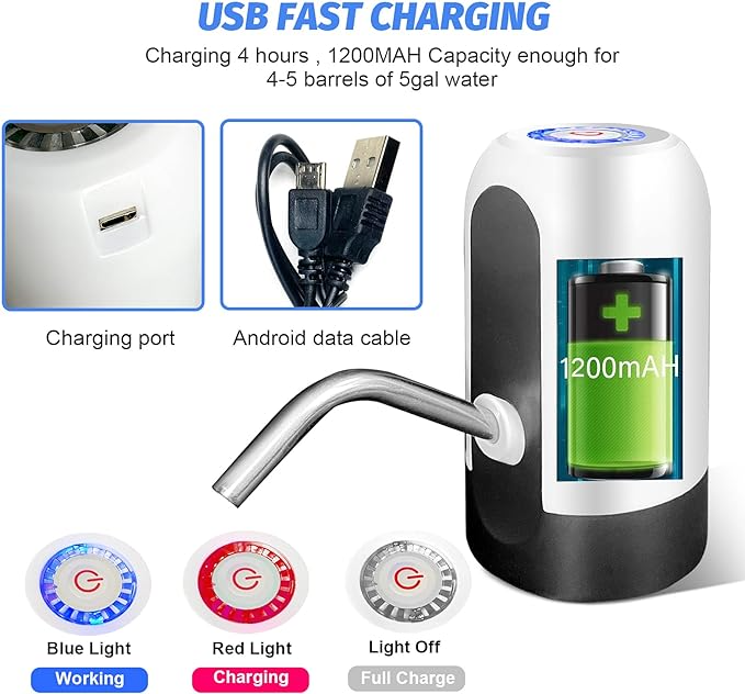 SKY-TOUCH 5 Gallon Water Bottle Pump, USB Charging Portable Electric Water Pump for for for 2-5 Gallon Jugs USB Charging Portable Water Dispenser for Office, Home, Camping, Kitchen and etc. White