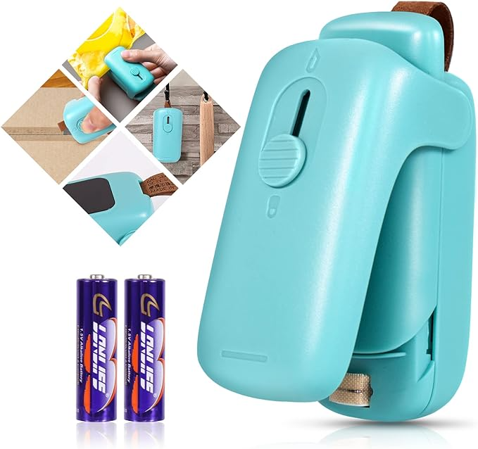 Mini Bag Sealer, Handheld Heat Vacuum Sealer, 2 in 1 Heat Sealer and Cutter with Lanyard, Portable Bag Resealer Machine for Plastic Bags Food Storage Snacks Freshness (2xAA Batteries Included)