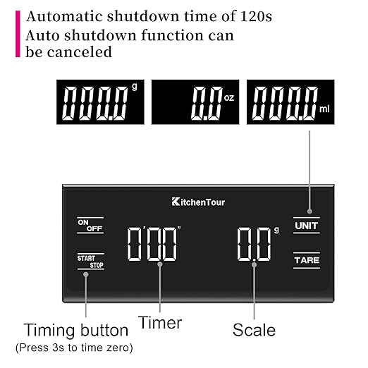 KitchenTour Coffee Scale with Timer - Digital Multifunction Weighing Scale with 3kg/0.1g High Precision - Pour Over Drip - Espresso Scale with Bright LCD Display (Batteries Included)-Black
